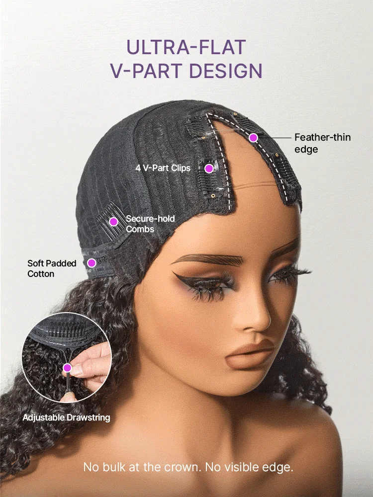 True Scalp Burmese Curly V Part Glueless Human Hair Wig Flexi-Fit Drawstring-13