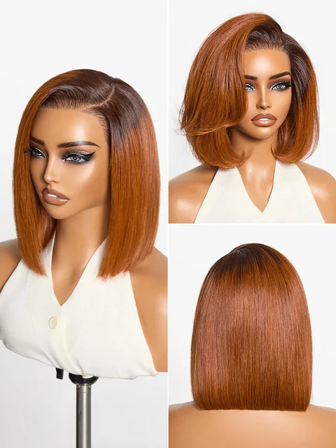 ginger ombre 13x4 lace front glueless blunt cut bob human hair wig with pre-cut lace, styled straight.