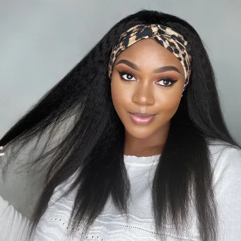 put on & go glueless kinky straight headband wig with long 100% human hair and trendy headbands for versatile styling.