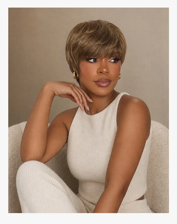 Throw On & Go Light Blonde Short Cut with Bangs Wig Ultra Comfort Skin-Like Soft Care Glueless Wig-18