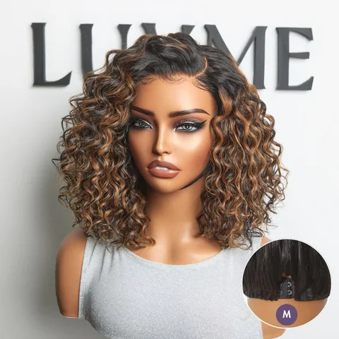 All-Day Comfort™ Brown Highlight Deep Wave Curly Wig with HD lace, pre-cut, glueless, minimalist design, showcasing natural curls.