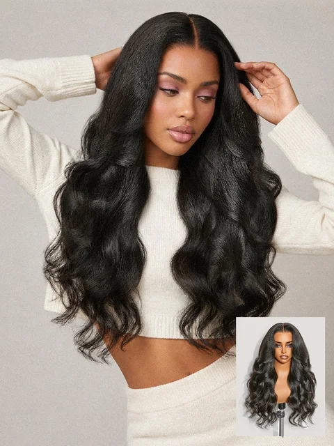 All-Day Comfort Wig with layered kinky body wave and straight lace closure, 7x6 HD lace, pre-cut, glueless design.