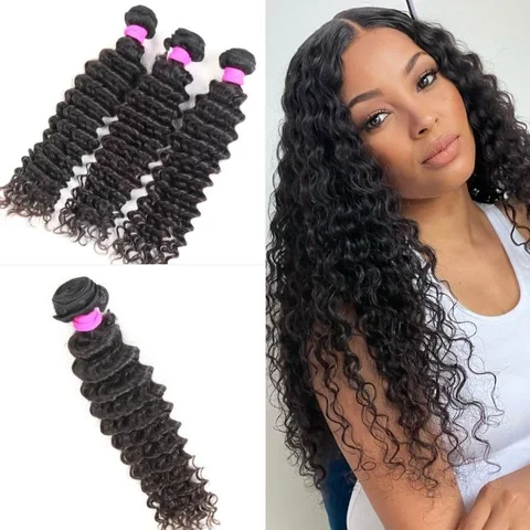 Three deep wave virgin human hair bundles from , showcasing curly, textured hair with a natural shine and rich depth.
