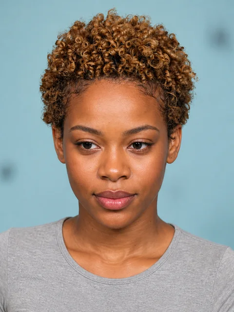 Honey blonde ultra short afro kinky curly pixie cut lace wig by , showcasing tight curls and a sleek, stylish look.