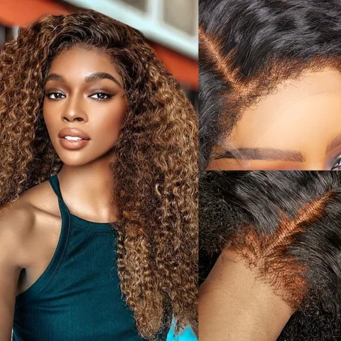 13x4 frontal wig with ombre brown deep wave, kinky edges, glueless design, side part, HD lace, long wig style.