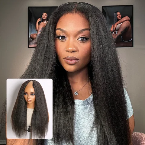 True Scalp Kinky Straight V Part Glueless Human Hair Wig with Flexi-Fit Drawstring for natural styling