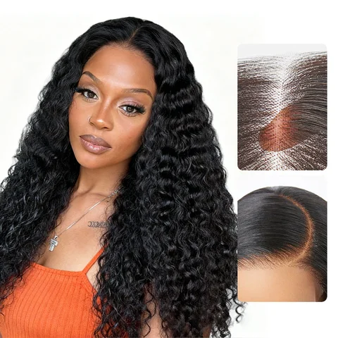 Natural black water wave glueless 11x6 frontal HD lace human hair curly wig by , showing the detailed water wave texture.