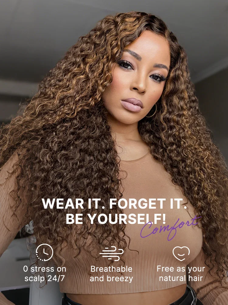 All-Day Comfort™ Wig PartingMax Brown Highlights Funmi Curly 7x6 Closure HD Lace Glueless Wig Pre Cut Lace-117