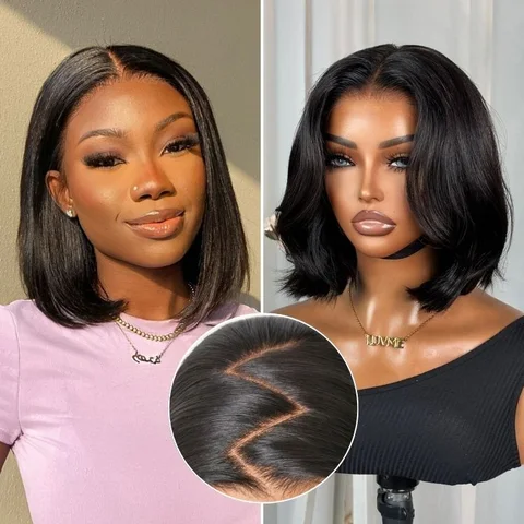 All-Day Comfort™ silky blunt cut bob wig with 7x6 HD lace closure, glueless design, pre-cut lace, natural hair appearance.
