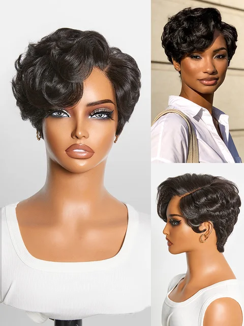 natural black lightweight short pixie cut wig with HD lace, beginner friendly, glueless, pre-cut lace, minimalist style