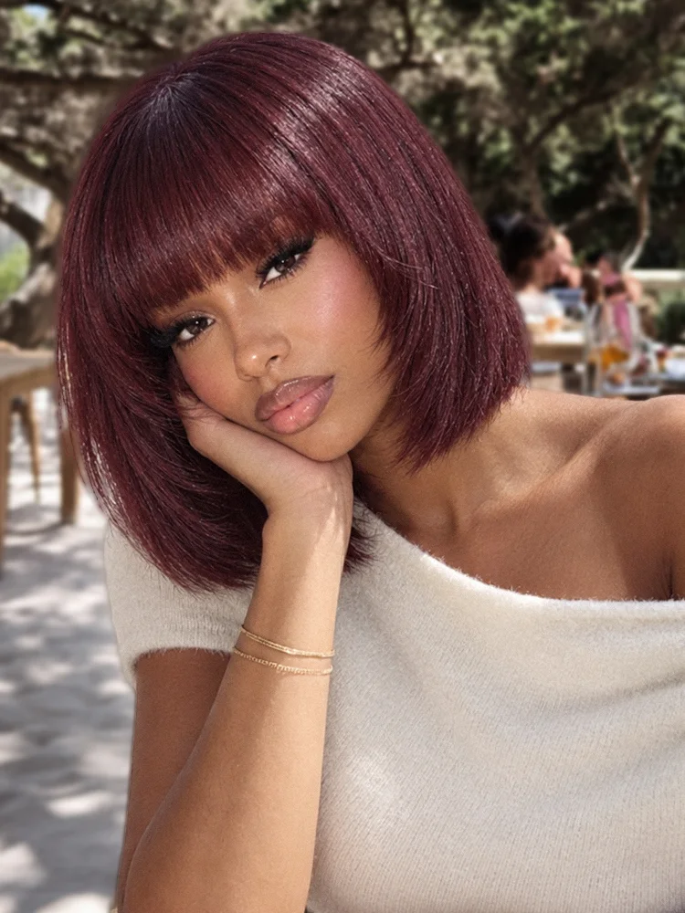 Put On and Go Reddish Purple Layered Cut Yaki Straight Minimalist Lace Bob Wig with Bangs All-Day Comfort Cap