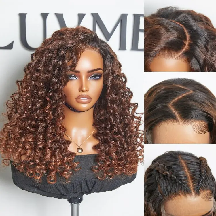 ombre copper brown water wave 7x6 closure HD lace wig with natural parting, glueless design and full water wave style.
