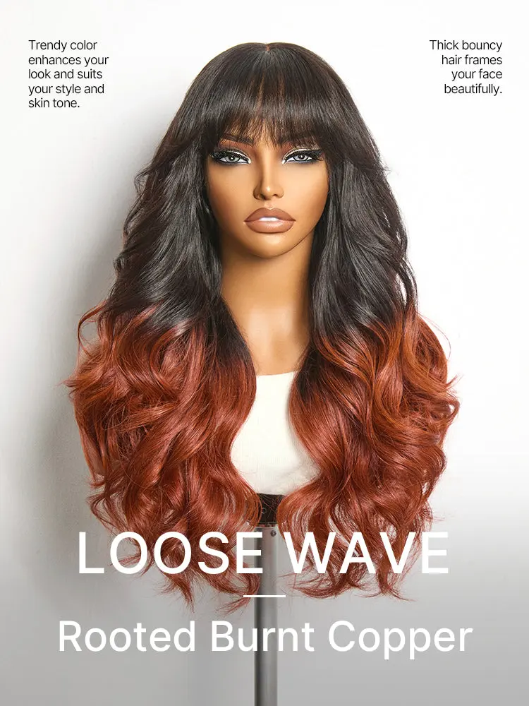 Ombre Reddish Brown Loose Wave Glueless 5x5 Closure Lace Wig with Bangs Pre-Cut Lace-10