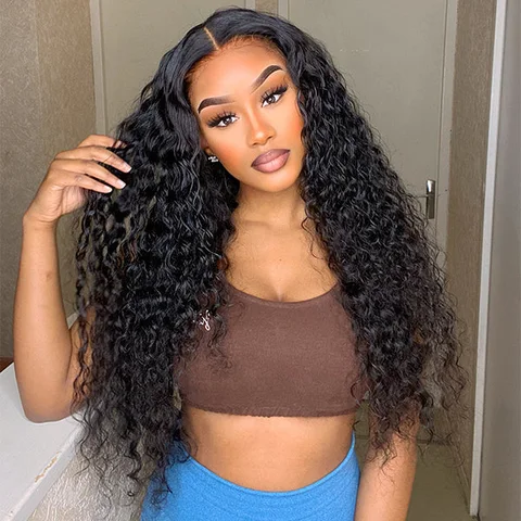 13x4 frontal wig with water wave style, long 100% human hair, HD lace, free part, natural-looking hairline.