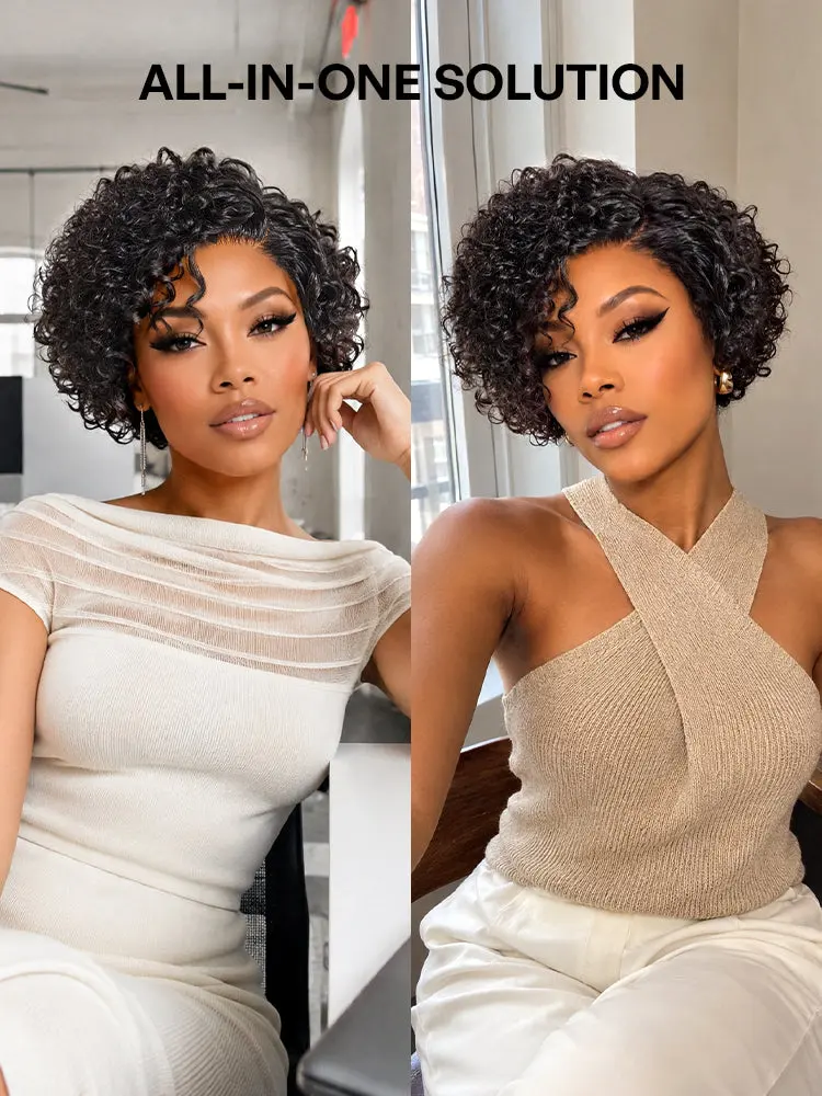 Natural Black / Brown Highlight Water Wave Pixie Cut Glueless Minimalist HD Lace Short Curly Wig-83