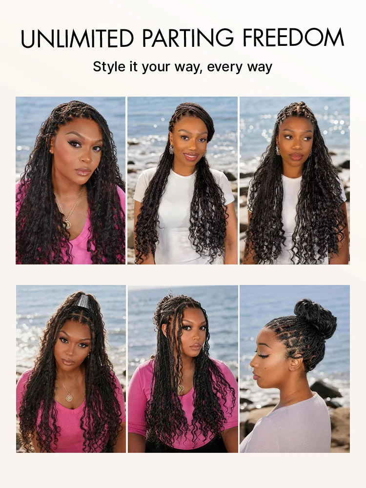 OwnScalp™  Light Weight Flexi-Fit Invisi Drawstring Cap Full Lace Knotless Boho Curls Braided Long Wig Super Natural Scalp-89