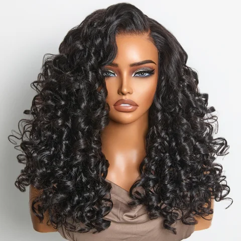 5x5 closure curly wig with layered bouncy curls, glueless lace, breathable cap, and 180% density.