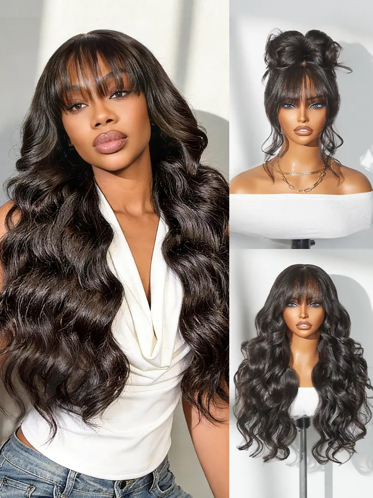 All-Day Comfort™ loose body wave HD lace human hair wig with 7x6 closure, bangs, and pre-cut lace, 180% density.