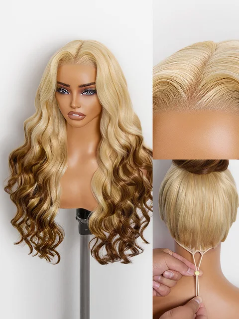 613 Blonde with Caramel Ombre 13×4 HD lace front wig with loose waves and 180% density, pre-cut lace, human hair.