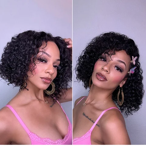 Natural black deep curly lace wig with 5x5 closure, glueless design, breathable cap, by