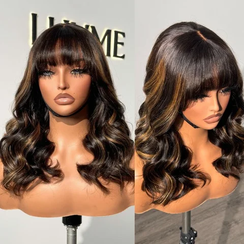 blond highlight minimalist lace wig with loose waves and bangs, showcasing natural hairline and soft, flowing style.