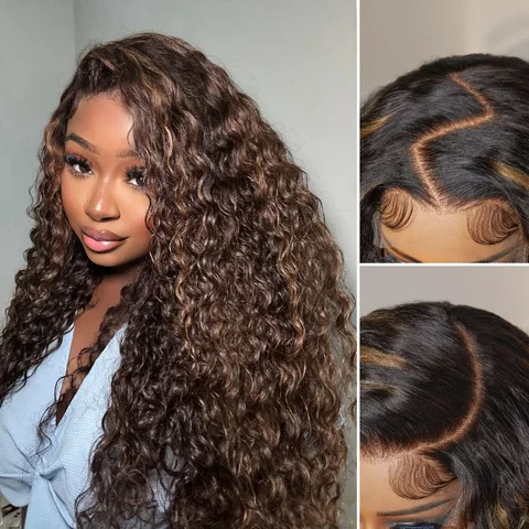 Real Max™ chestnut brown highlights long curly HD lace wig with 7x6 closure and breathable cap on a mannequin head.