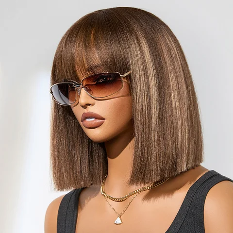 Ash blonde highlights with dark brown base Yaki blunt cut bob wig featuring bangs, minimal lace, short and glueless by .