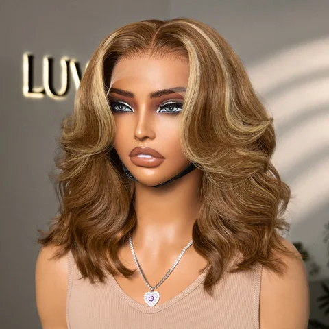 Honey blonde highlight lace front wig with middle part, loose waves, human hair, 13x4 lace frontal from
