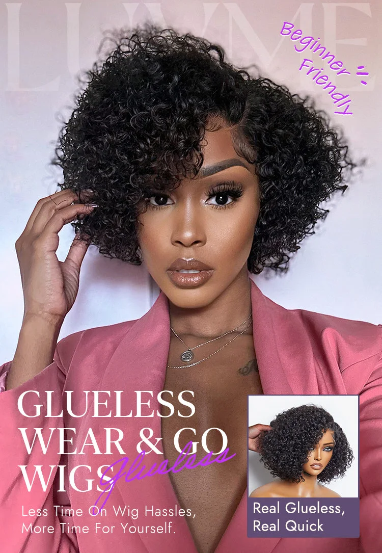 New Customers Only | Trendy Short Cut Curly Minimalist HD Lace Glueless Side Part Wig 100% Human Hair-29
