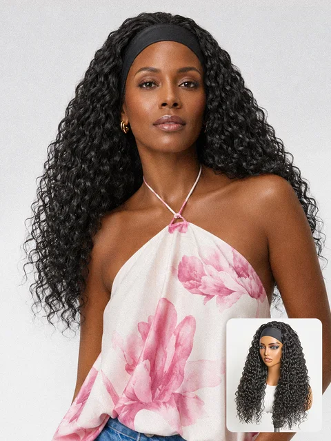 wet and wavy headband wig with cooling silk headband, showcasing effortless wet-to-dry transformation and two free accessories.