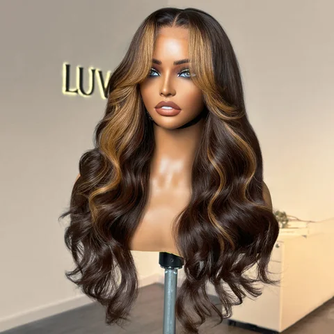 blonde highlight loose wave 5x5 closure wig with HD lace and curtain bangs, showcasing the natural wavy hair and lace front.