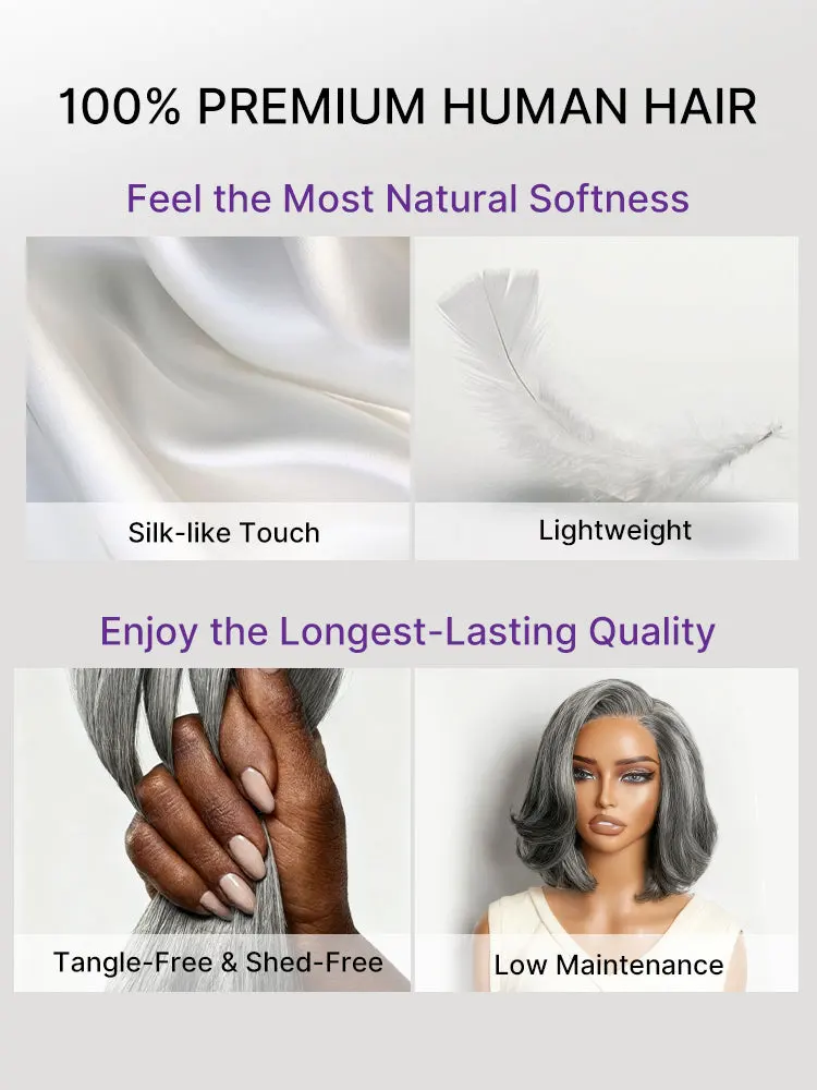 New Customers Only | Salt & Pepper 100% Human Hair Layered Bob Wig Glueless Minimalist Lace Grey Wig Pre-Cut Lace-11