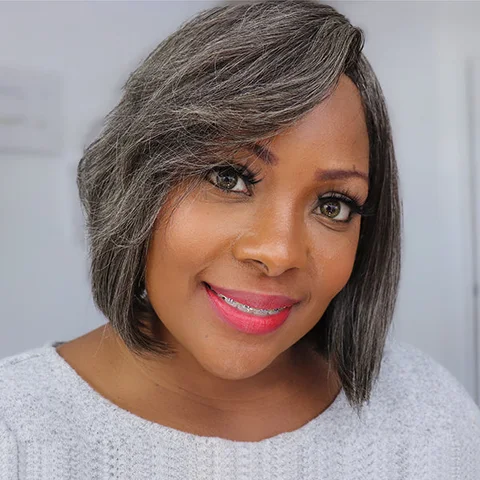 Throw On & Go salt and pepper glueless bob wig with bangs, beginner-friendly short synthetic hair style.