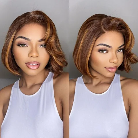 layered bob wig with toffee brown mix blonde and natural black shades, lace closure, glueless 5x5 lace wig.