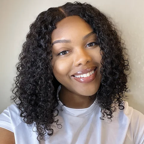 Vacation Vibes Water Wave 4x4 closure lace wig with short, natural human hair, glueless design and mid-part style.