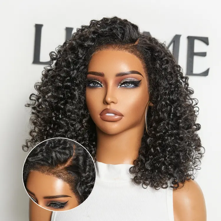 4C kinky curly lace front wig with jet black Burmese texture, ear-to-ear wide T lace, and adjustable drawstring cap