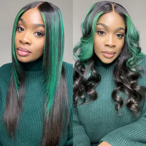 Green-highlight silky straight 5x5 closure lace wig by , featuring glueless design and available in large and small cap sizes.