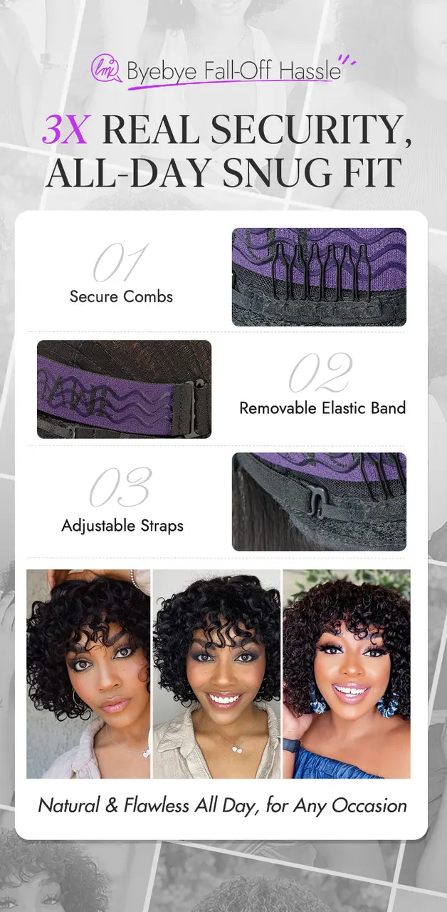 Light Weight Short Cut Water Wave Glueless Minimalist Lace Wig with Curly Bangs-10