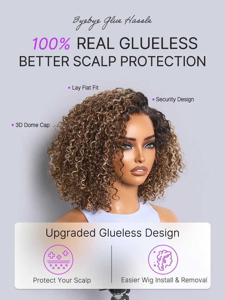 Blonde Highlight Short Cut Kinky Curly Minimalist HD Lace Glueless Wig Pre-Cut Lace-15