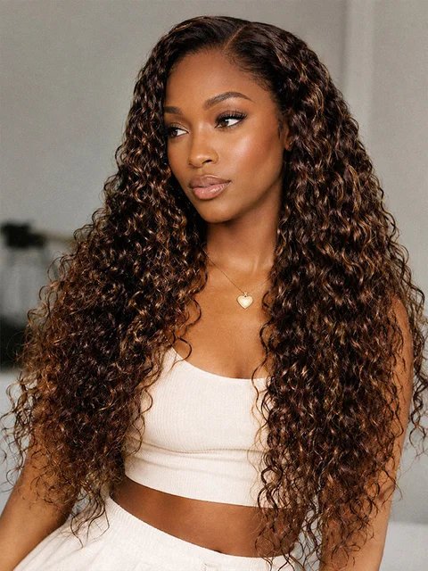 All-Day Comfort™ Funmi Curly HD lace wig with brown highlights, 7x6 closure, glueless, pre-cut lace, natural parting.