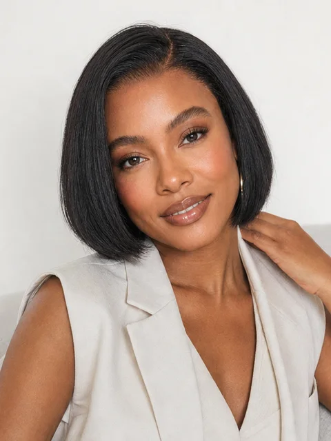 sleek short bob HD lace wig with pre-cut lace, 180% density, minimalist style, and all-day comfort cap.