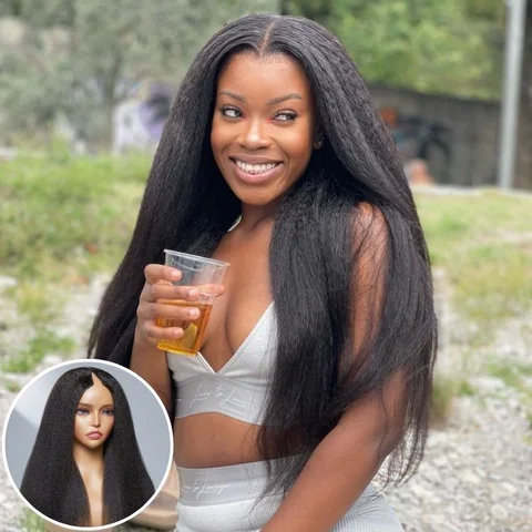protective V part long wig made of 100% human hair in kinky straight, body wave, or curly textures displayed on model