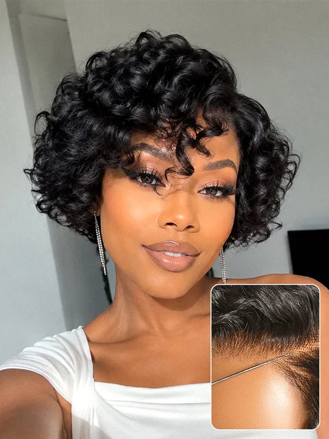 Natural Black / Brown Highlight Water Wave Pixie Cut Glueless Minimalist HD Lace Short Curly Wig-71