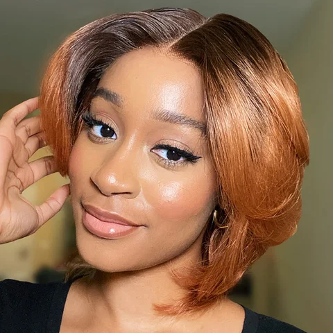 1 Sec Install Minimalist Lace Wig with short pixie cut, ombre ginger color, glueless design, ready-to-wear, pre-cut lace.