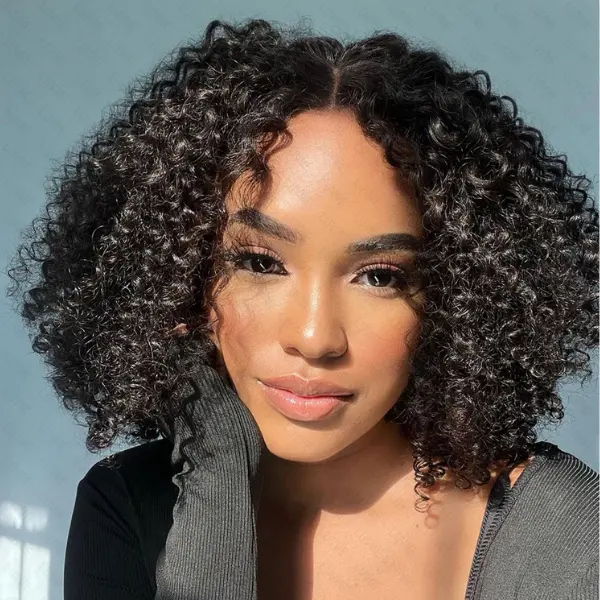 Kinky Curly Minimalist HD Lace Glueless Mid Part Short Wig made of 100% human hair, featuring natural curls and a sleek finish.