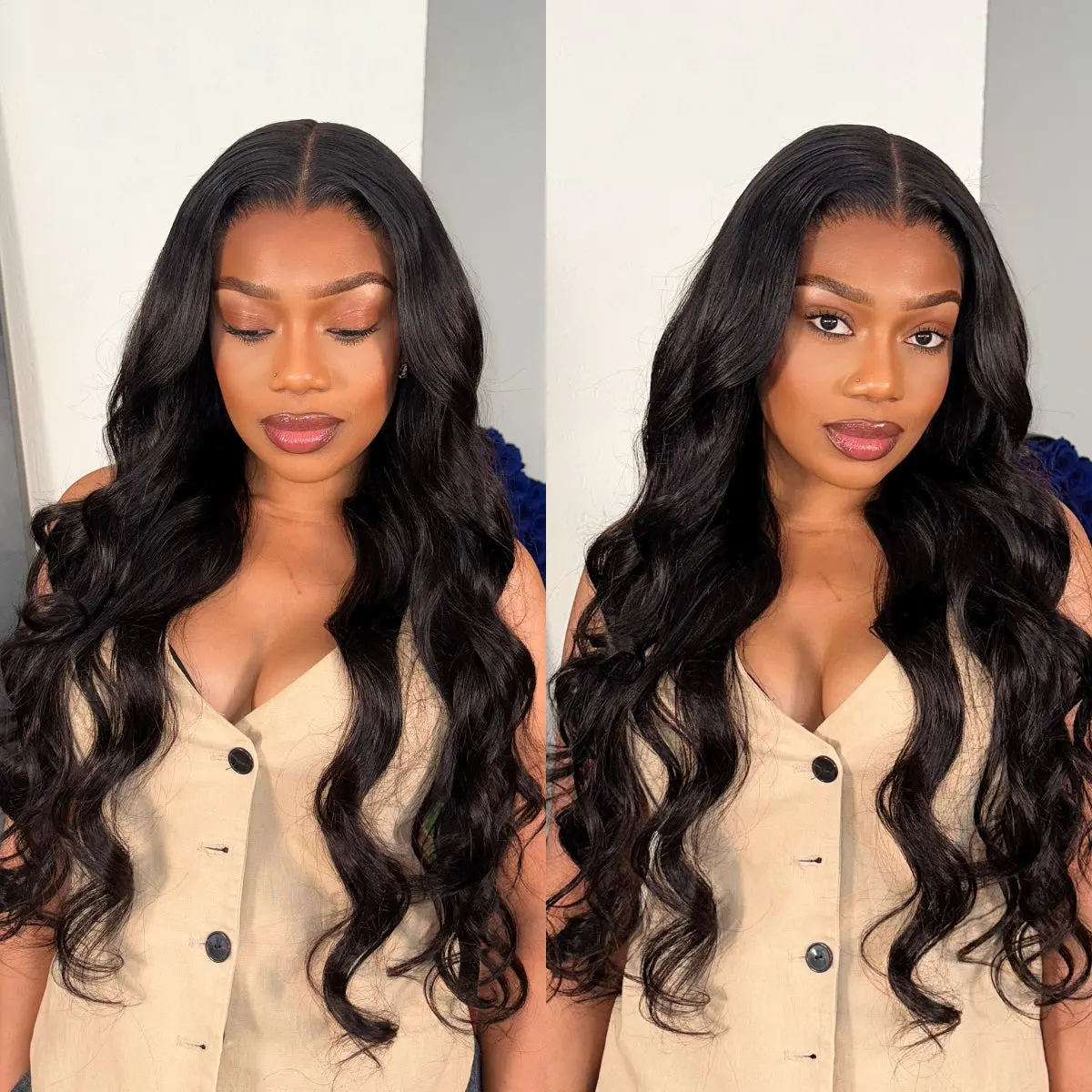 Jet black loose body wave lace closure wig with 5x5 pre-cut glueless lace for easy styling.