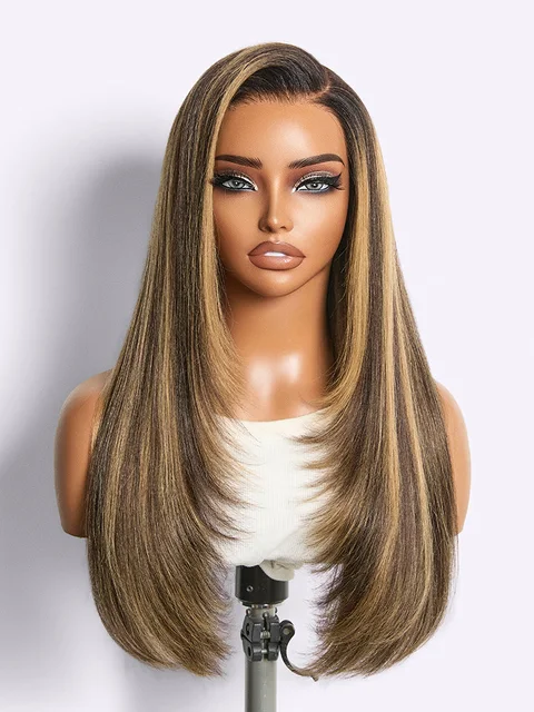 New Customers Only | All-Day Comfort Wig 180% Density Blonde Highlight Butterfly Cut Layered Light Yaki Straight Glueless 7x6 Closure HD Lace Wig Pre-Cut Lace-48