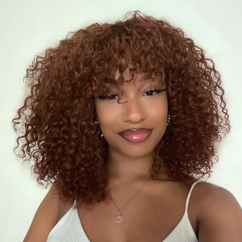 glueless ombre brown summer deep wave wig with cute bangs, 100% human hair, easy throw-on-and-go style.