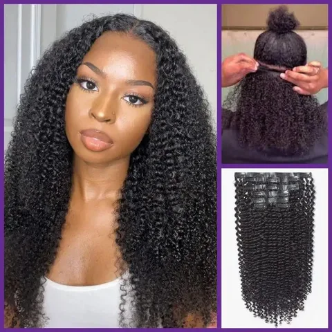 Kinky Curly seamless clip-in hair extensions, real human hair, 9pcs with free gift, lightweight 135g, natural curly texture.