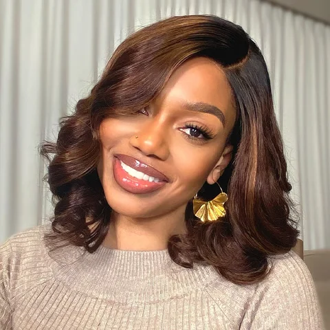 ombre brown loose wave minimalist HD lace glueless C-part short wig made of 100% human hair, natural and stylish.